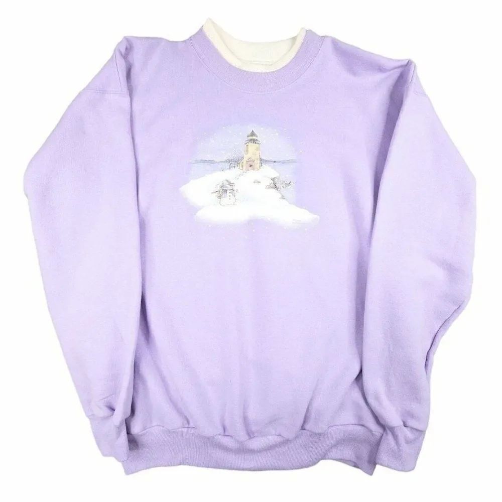 Vintage Christmas Snowman Sweatshirt Womens Size XL Purple Lighthouse Snow